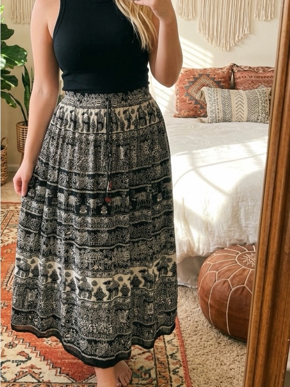 Boho Black and Ivory Elephant Print Maxi Skirt